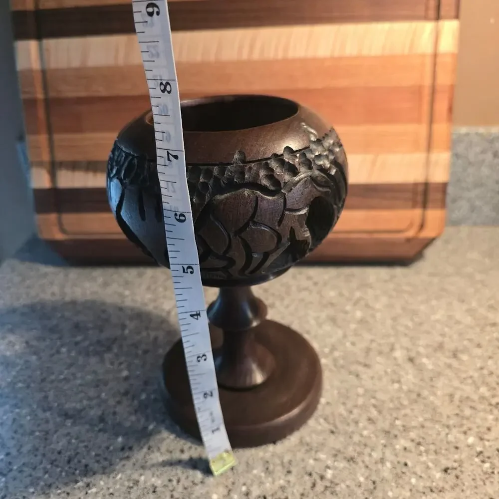 Vintage Chalice Style Candleholder with Carved Elephant and Rhino - Picture 5 of 6